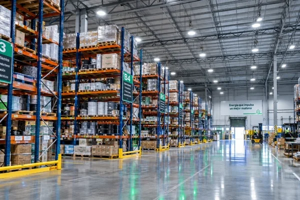 Galpón logístico y centro de distribución con campanas UFO LED